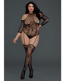 Floral Netted Teddy Bodystocking w/Attached Thigh Highs Black O/S