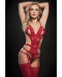 Strappy Garter Teddy w/Keyhole Cups & Stockings Red O/S