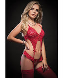 Strappy Frise Crotchless Garter Teddy & Stockings Red O/S