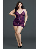 Ruched Sheer Front Zipper Chemise w/G-String Plum