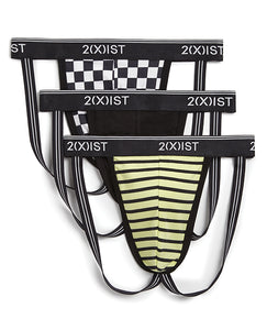 2XIST 3 pk Stretch Fashion Jock Strap Checkered, Black & Yellow Stripe